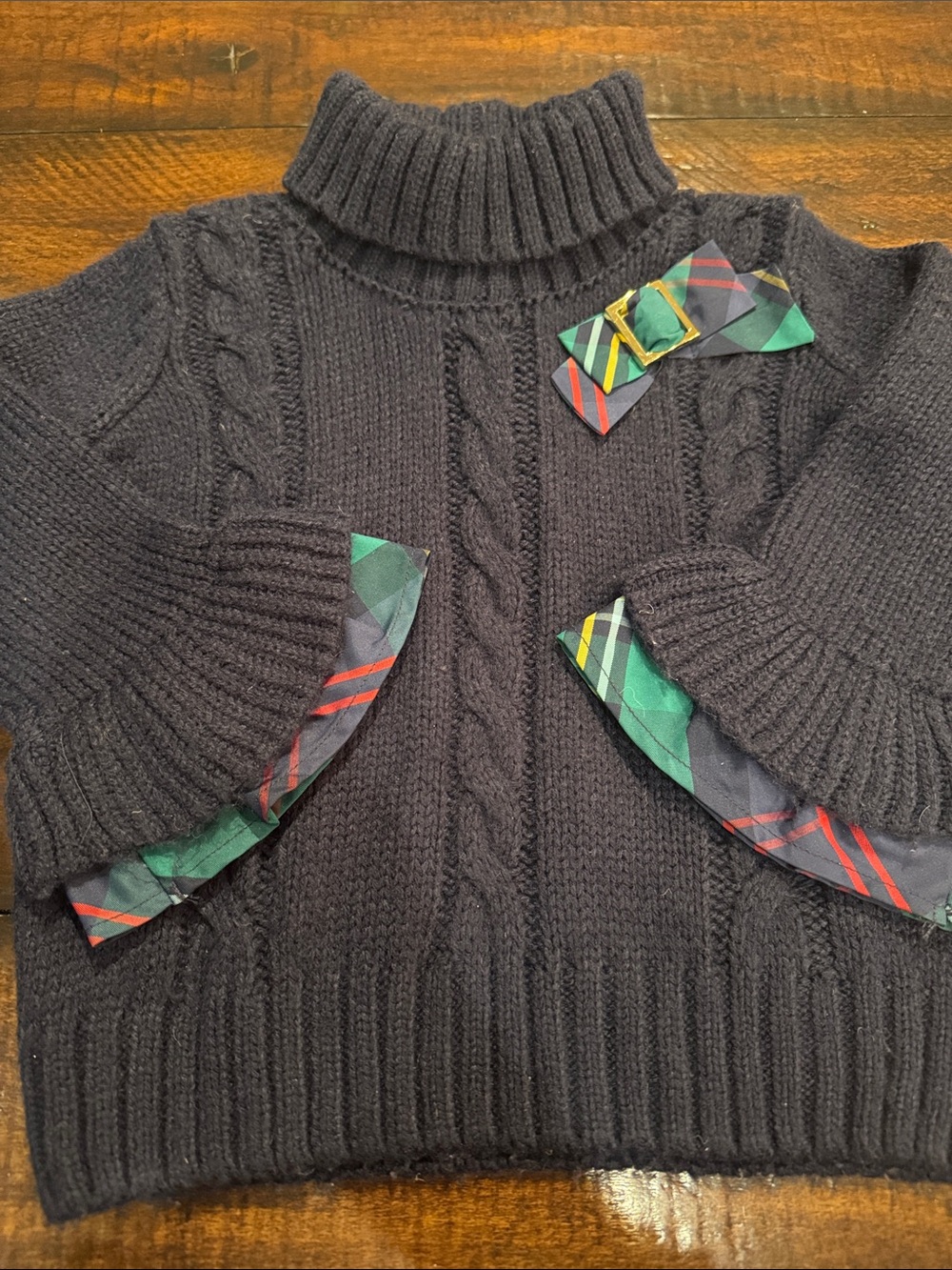 Janie and Jack Navy Cable Knit Tartan Plaid Turtleneck Sweater - 2T